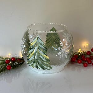 Painted glass candle holder frosted blue glass, ONE seafoam blue glass tea light holder, Christmas trees votive holder, winter glass gift
