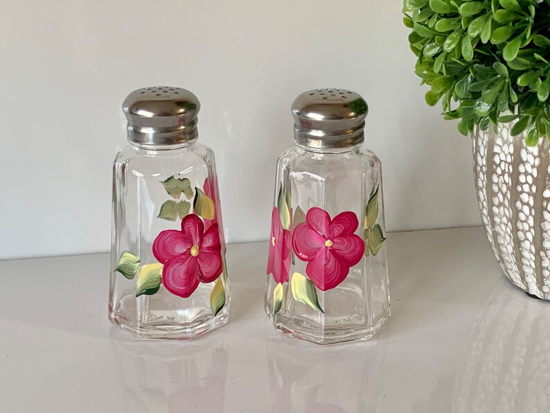 Hand painted salt and pepper shakers, magenta floral glass shaker set, painted shakers, handpainted glass table decor image 5