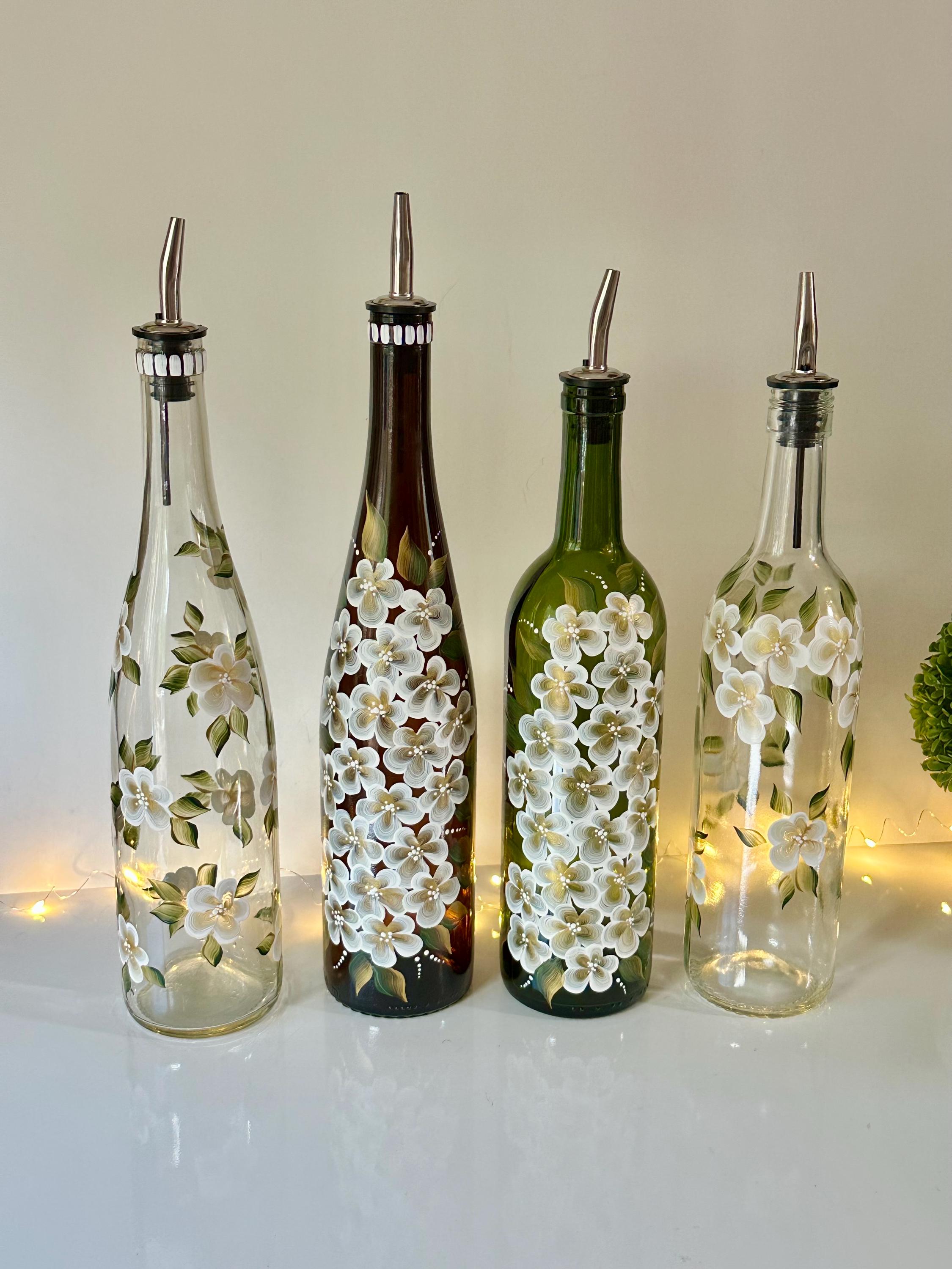 Painted olive oil bottle, liquid soap dispenser, liquor dispenser, recycled wine bottle, white gold flowers kitchen decor unique dispenser