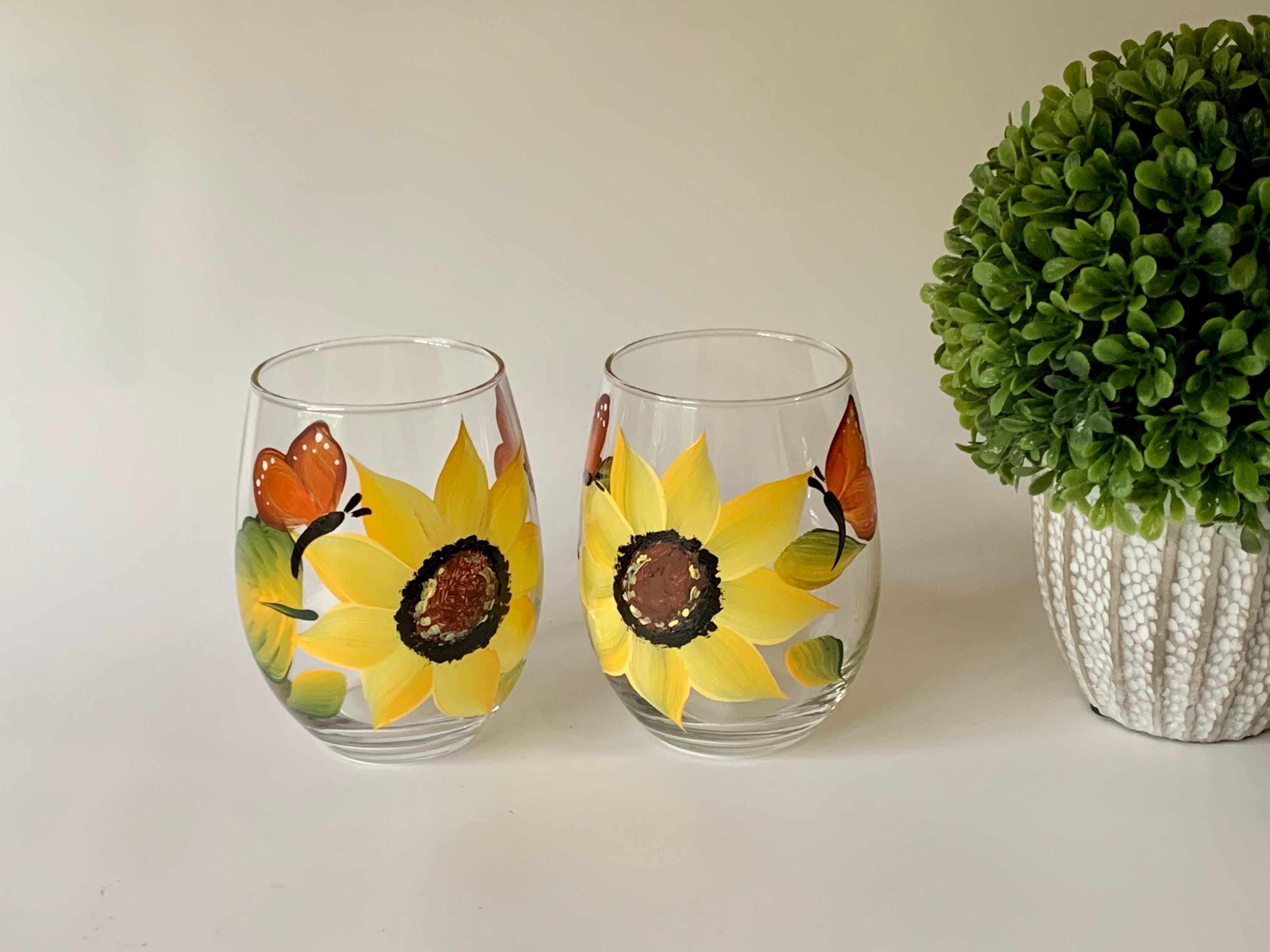 sunflower wedding gift monarch butterflies step mom gift Painted stemless wine glasses with sunflowers 21st birthday gift for her