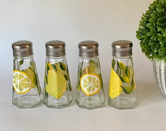 Painted lemons, salt pepper shakers, glass shakers, lemons shakers, painted glass shakers with lemons, stainless tops