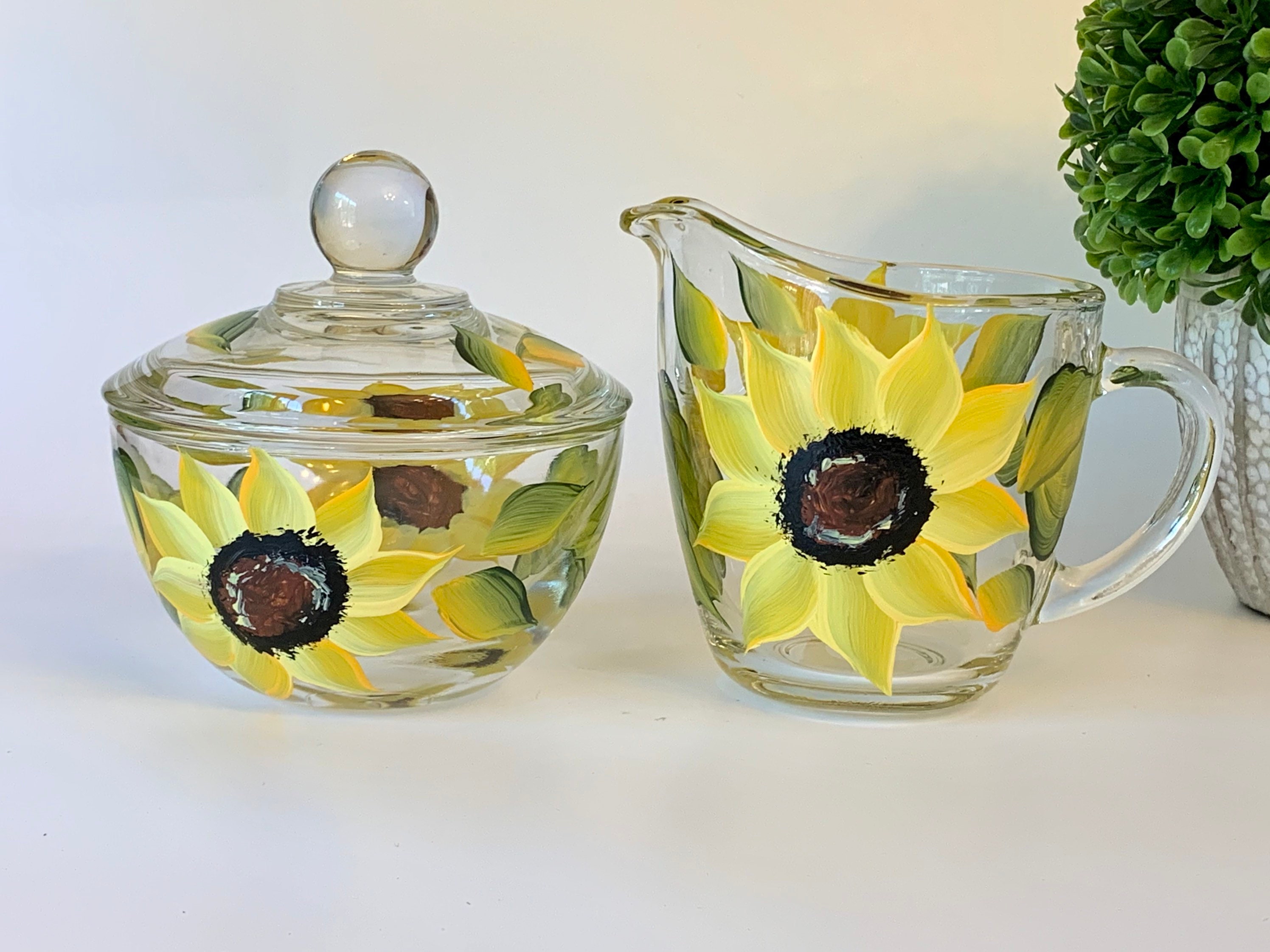 Hand painted glass sugar and creamer set sunflowers or sage Etsy