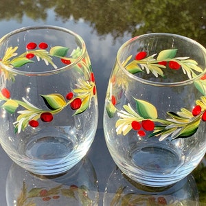 Stemless wine glass painted with holly berry. Listing is for two glasses. image 9