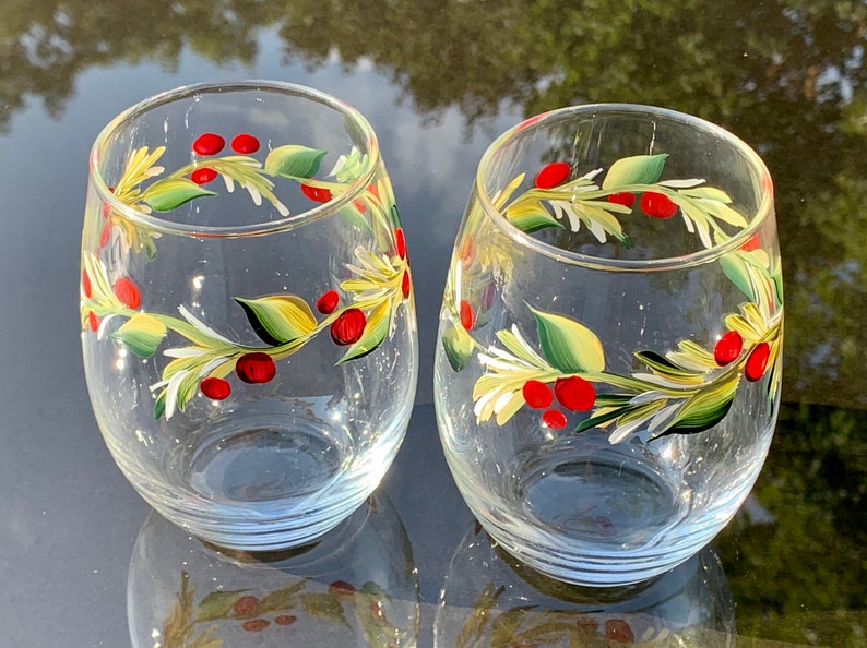 Stemless wine glass painted with holly berry. Listing is for two glasses. image 9