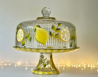 Cake stand dome set lemons, cupcake stand, painted lemons, lemons punch bowl, glass cake dish, Godmother gift, step mom gift, wedding gift