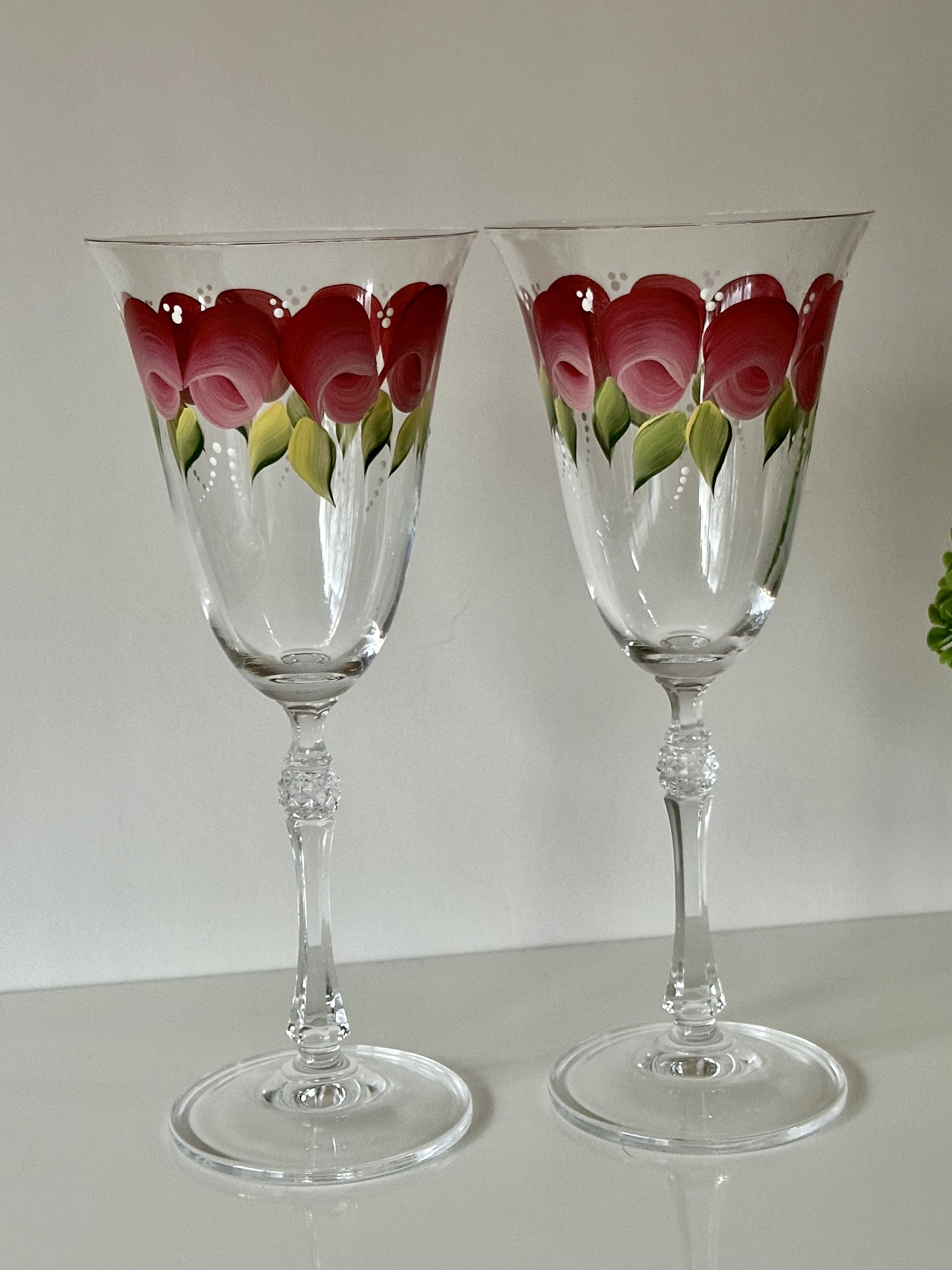 Painted wine glasses roses 21st birthday gift for her, godmother step mom  gift, mother of groom wedding gift, housewarming anniversary gift