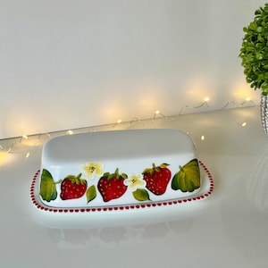 Hand painted ceramic butter dish, strawberry butter dish with lid, painted butter dish, wedding gift, covered butter dish, strawberry gift