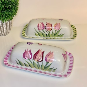 Butter dish, painted pink purple tulips butterflies butter dish with lid, ceramic butter dish, Easter table decor, spring summer
