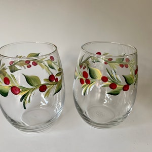 Stemless wine glass painted with holly berry. Listing is for two glasses. image 4