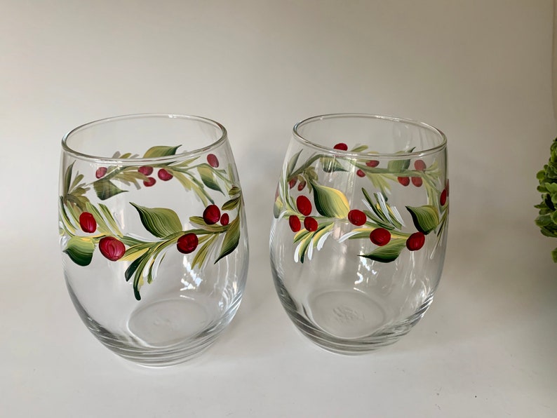 Stemless wine glass painted with holly berry. Listing is for two glasses. image 4