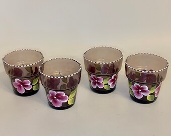 Painted single candle holder with cranberry flowers, votive candle holder, potpourri holder, cute birthday gift, painted cranberry glass