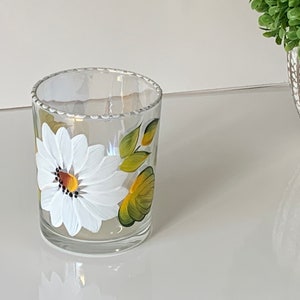 Painted candle holder white daisy,   iridescent glass tea light votive candle holder, white flower birthday gift, sister teacher mom gift