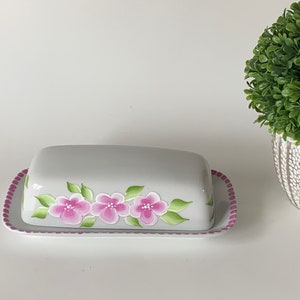 Butter dish, painted pink flowers, covered butter dish, butter dish with lid, housewarming gift, mothers day gift, ceramic butter dish.