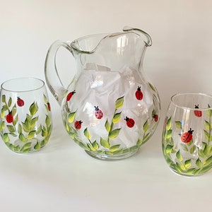 Ladybugs pitcher set large water pitcher, painted wine glasses, stemless wine glass, step mom gift, lemonade pitcher godmother gift