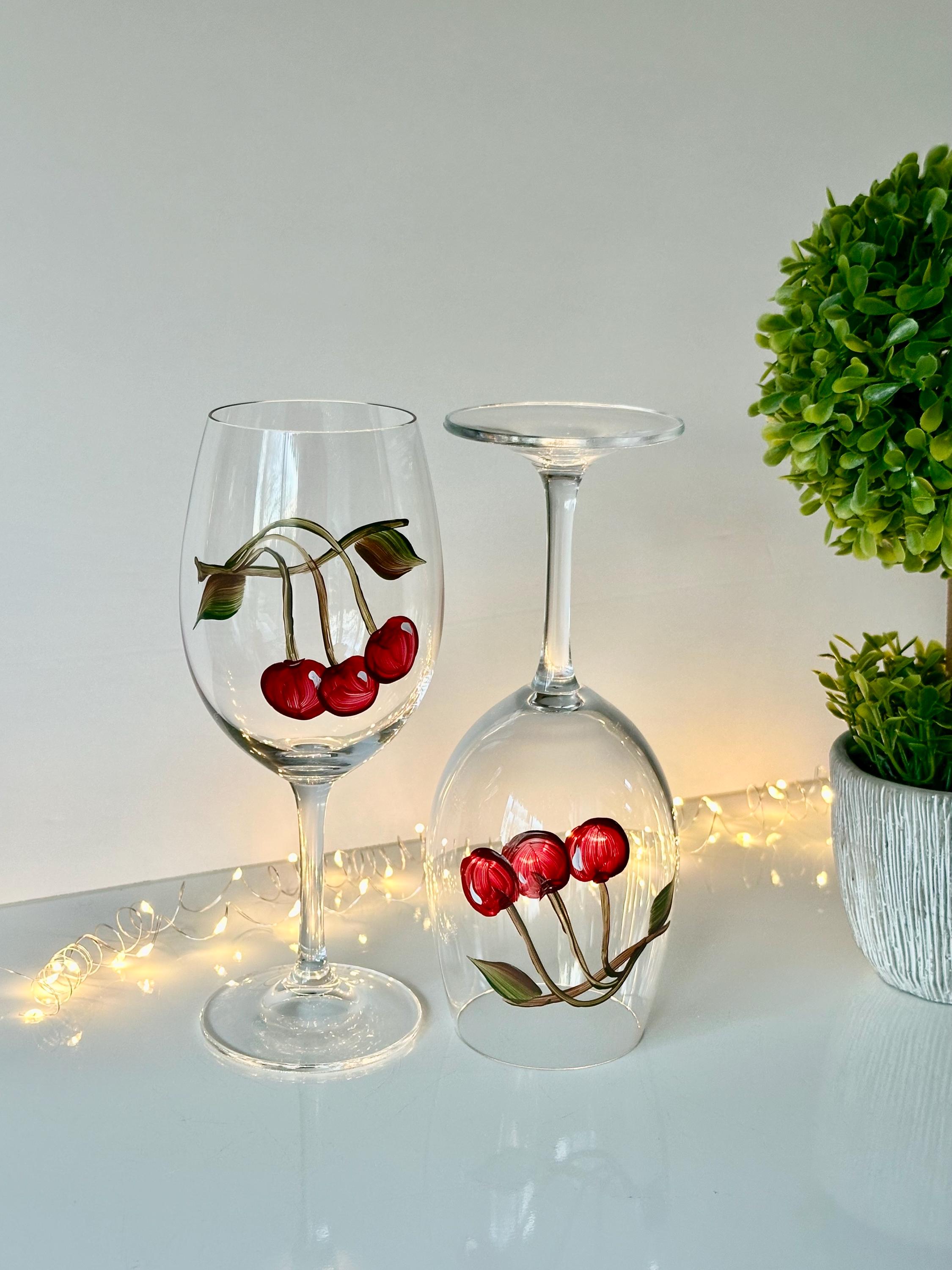 Painted Crystal Wine Glass Cherries Roommate Gift, Wine Lover
