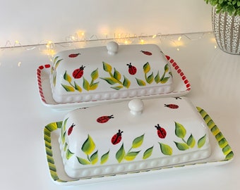 Painted ceramic butter dish cute ladybugs, ladybug lover housewarming gift, butter dish with lid, summer ladybug covered dish