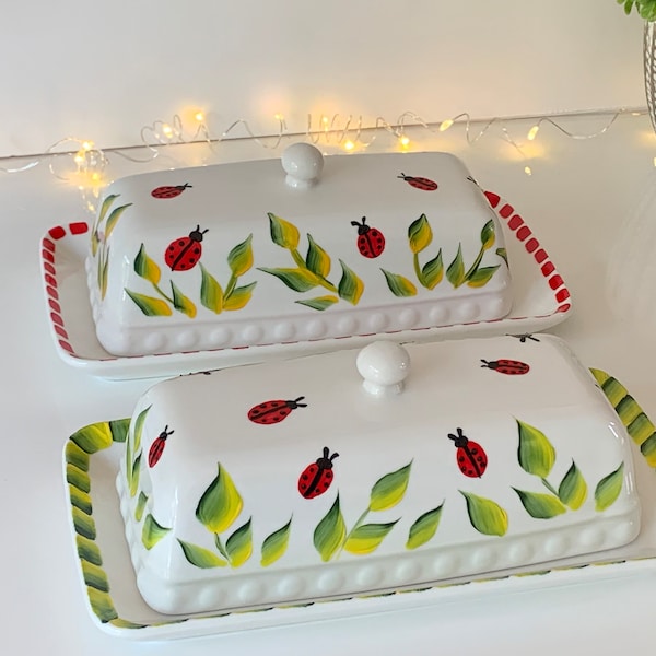 Painted ceramic butter dish cute ladybugs, ladybug lover housewarming gift, butter dish with lid, summer ladybug covered dish