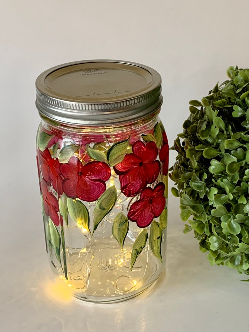Painted Mason Jar With Burgundy Flowers and Lights Lighted Etsy