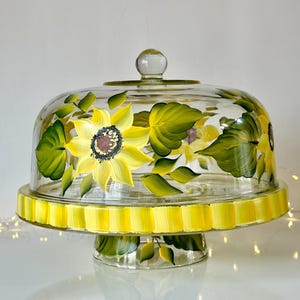 Reversible glass cake dome and plate set hand painted sunflowers perfect wedding gift idea for many serving options. Can be used 6 ways.