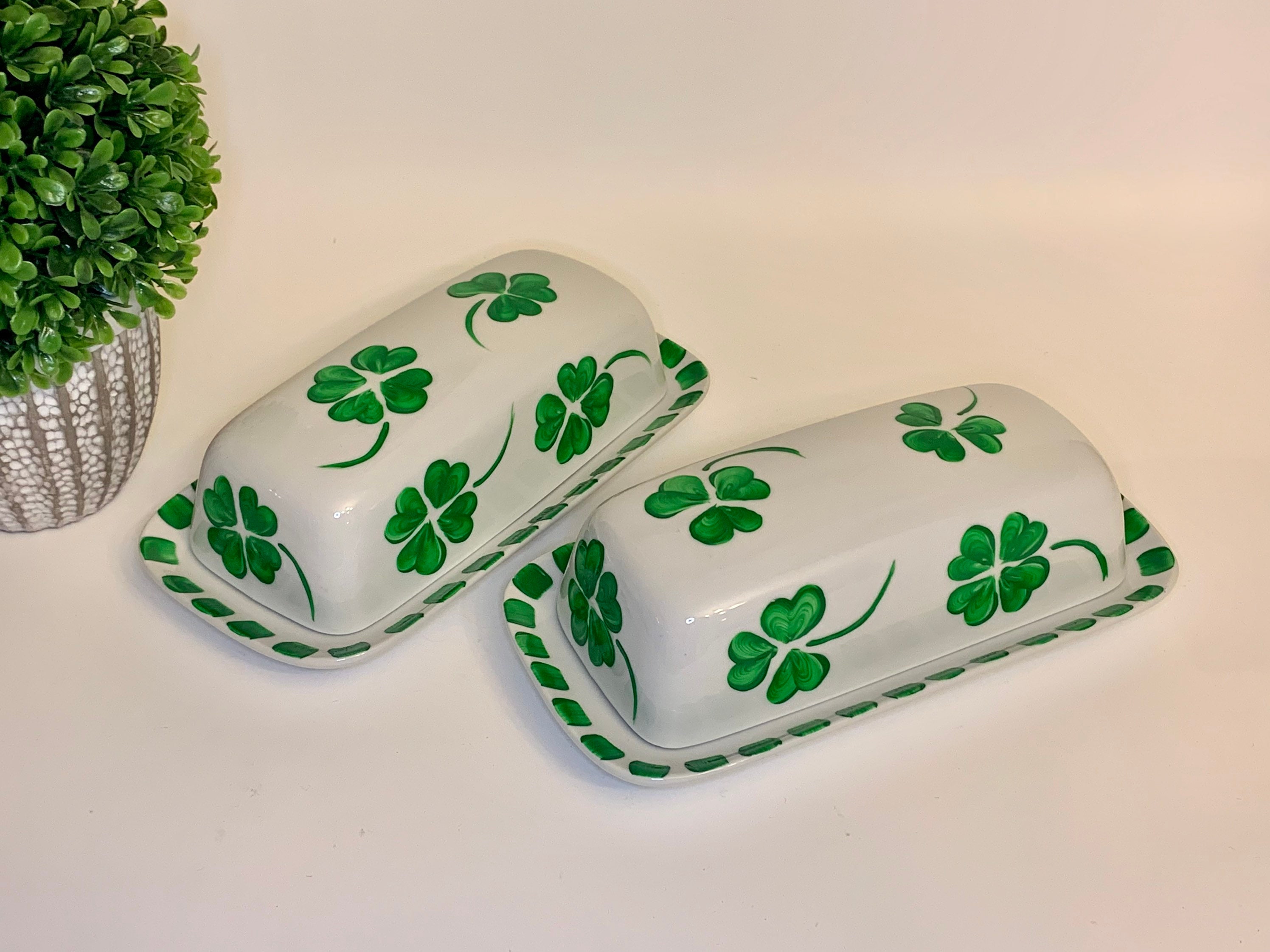Hand Painted Green Ceramic Shamrock Planter Candy Bowl Irish Decor