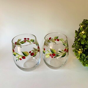 Stemless wine glass painted with holly berry. Listing is for two glasses. image 3