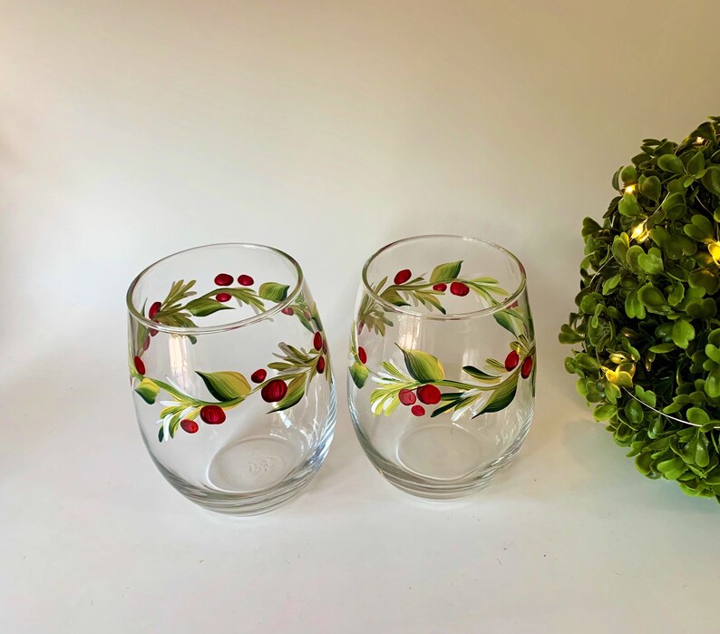 Stemless wine glass painted with holly berry. Listing is for two glasses. image 3