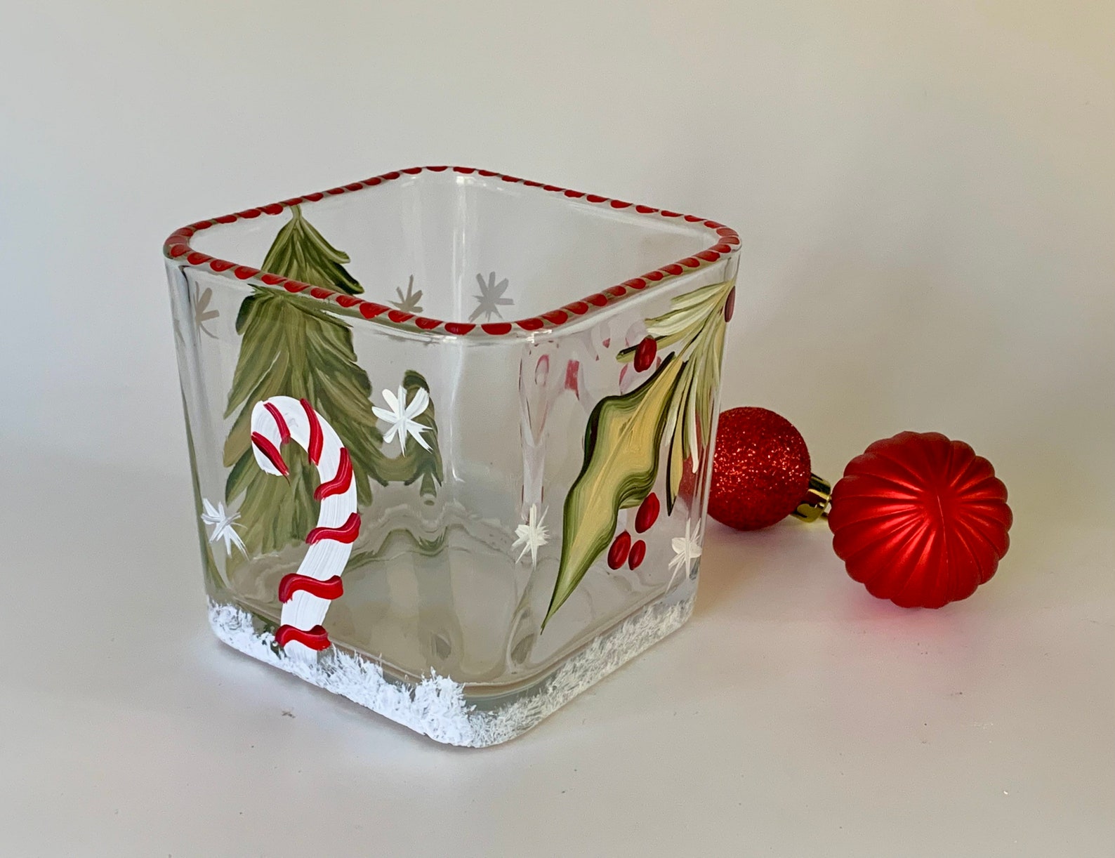 Christmas Glass Candle Holder Hand Painted Winter Trees Glass Etsy
