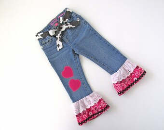 Handmade Beach combers 24M girls cropped denim pant made from recycled jeans with daisy flower applique on the leg Toddler shorts