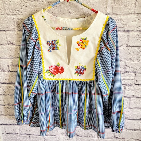Size M reworked peasant blouse made from a vintage tablecloth and upcycled plaid fabric. Cute boho top. Handmade