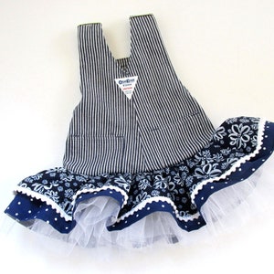 12M baby girl denim dress/jumper made from upcycled striped overalls with navy blue tiered gathered ruffles and tulle skirt. Handmade. image 2