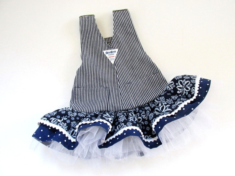 12M baby girl denim dress/jumper made from upcycled striped overalls with navy blue tiered gathered ruffles and tulle skirt. Handmade. image 2