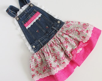 Girls 5T/6 Cute upcycled embroidered denim overall dress with pink princess style floral knee length skirt, eyelet trim and ribbon. Handmade