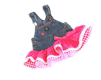 12M Baby girl denim dress/jumper made from upcycled overall with bright pink gathered ruffle tiered skirt, lace trim and tulle. Handmade.