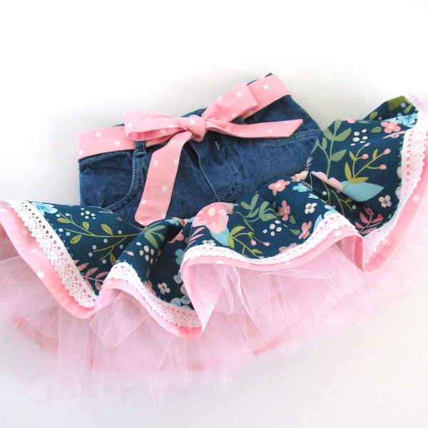 3T Upcycled denim toddler skirt with tiered teal and blush pink ruffles, lace trim and tulle. Cute for rustic wedding flower girl. Handmade