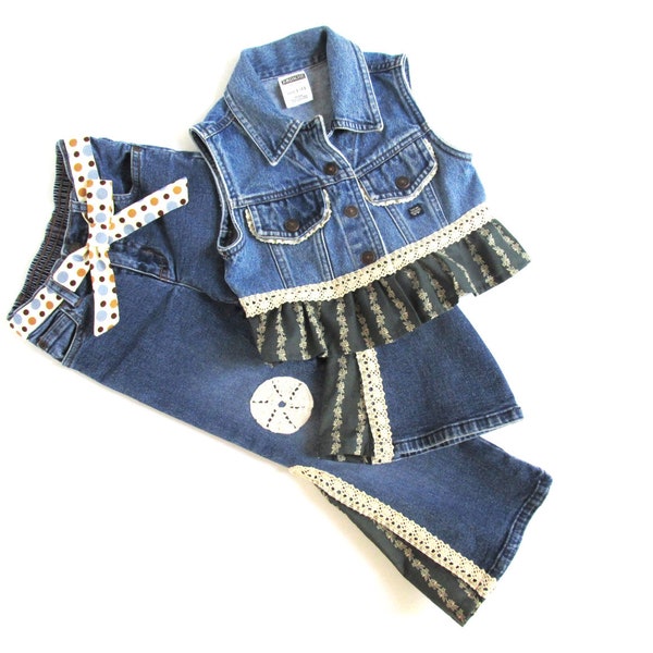 4T Toddler girls boho upcycled cropped denim vest with ruffle and bell bottom jeans accented with lace trim & crochet doily. Handmade