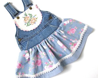 4T Toddler upcycled denim dress/jumper with tiered floral gathered skirt and a vintage hand-embroidered doily on the bib. OOAK Handmade.