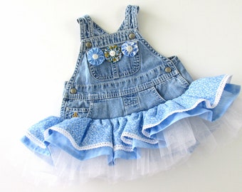 3M/6M Baby girl upcycled denim overall dress/jumper with sky blue ruffles, lace trim and tulle tiered skirt. Cute shower gift. Handmade.