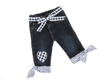 4T Toddler girls summer skimmer shorts made from upcycled denim jeans with navy check heart patch on the leg and polka dot cuffs. Handmade