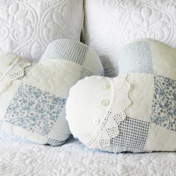 14" Heart-shaped decorative throw pillow is made from an old patchwork quilt piece with vintage hand-crocheted doily and buttons. Handmade