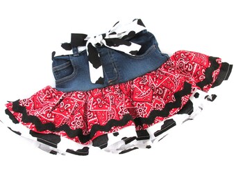 4T Upcycled denim western skirt with red bandana & cowhide print ruffle. Toddler cowgirl pageant wear. Barnyard birthday party. Handmade