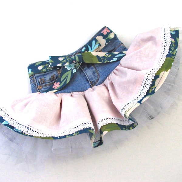 18M Upcycled denim toddler skirt made with blush pink and gathered teal floral ruffle, lace trim and tulle. Cute for cowgirl tutu. Handmade