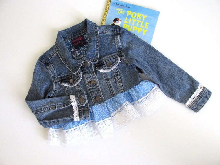 blue jean jacket with ruffles