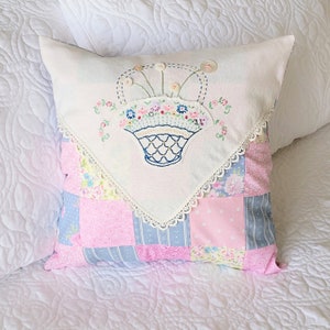 14X14 Pastel color patchwork throw pillow with vintage embroidered linen and lace trim. Accented with button flowers. Handmade. COVER ONLY