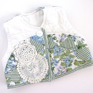 Med. 3/4T toddler girl&#39;s boho vest made from vintage patchwork quilt piece with hand-crocheted doily accents. Perfect for fall. Handmade