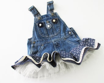 3T Toddler Upcycled overall denim dress with navy blue gathered tiered ruffle skirt, lace trim and tulle. Cute for cowgirl outfit.  Handmade