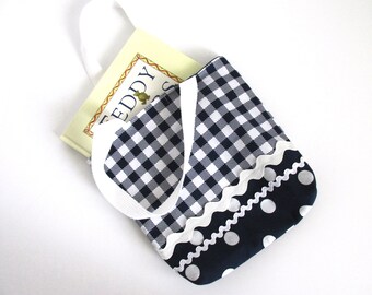 Toddler girl small cloth tote bag in navy blue polka dot cotton fabric. Great for overnight stays, school, crafts, lunch or travel. Handmade