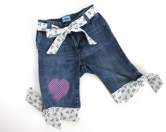 18M/24M toddler upcycled denim skimmer shorts with applique purple heart and cuffs tied below the knee. Baby girl's summer clothes. Handmade