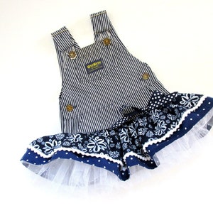 12M baby girl upcycled denim overall dress with navy blue gathered ruffles & tulle skirt. 1st birthday party cake smash outfit. Handmade.