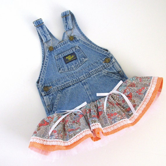 18M Girls Upcycled Denim Overall Jumper Dress With Tiered Peach