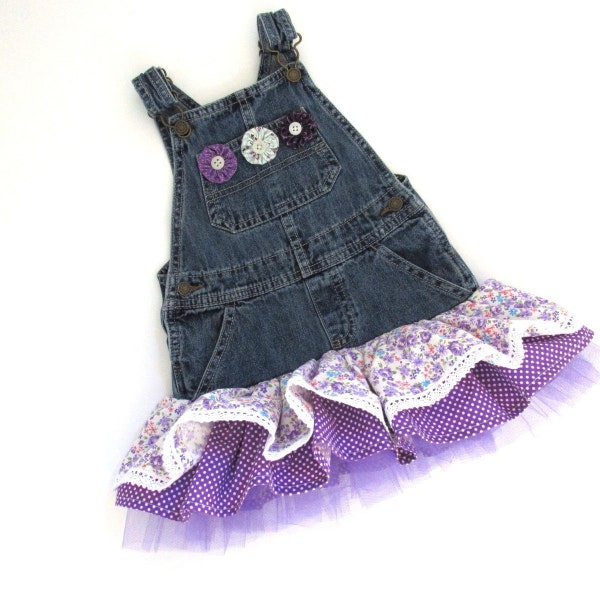 24M Toddler upcycled denim overall dress/jumper with a gathered tiered lavender and purple ruffled skirt, lace trim, and tulle. Handmade